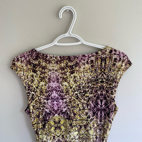 PURPLE YELLOW SLEEVELESS DRESS RUCHING ZIPPER STRETCH LINED ROUND NECK - Picture 13 of 13